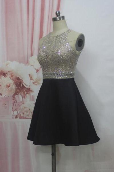 Black Beaded Sequins Spark Prom Dress, Black Homecoming Dresses, High Quality Homecoming Dress