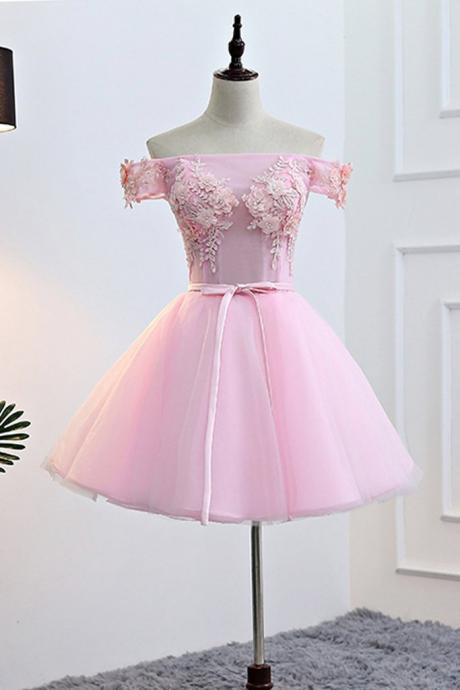 Pink Tulle Strapless Short Prom Dress, Party Dress With Applique