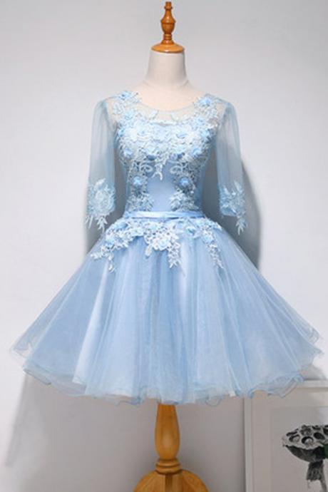 Cute Light Blue Tulle Lace Short Prom Dress, Homecoming Dress With Sleeve