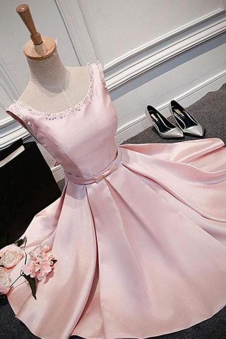Pink Round Neck Satin Short Prom Dress,pink Evening Dress