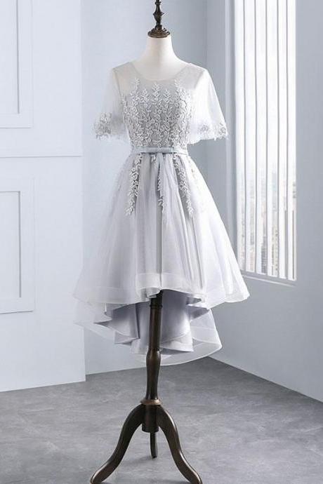 Simple Tulle Lace Applique Short Prom Dress,gray Bridesmaid Dress