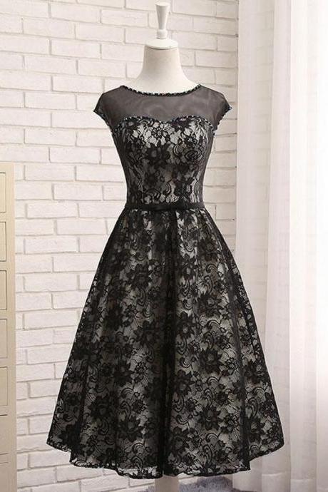 Black Lace Tea Length Prom Dress,black Evening Dress