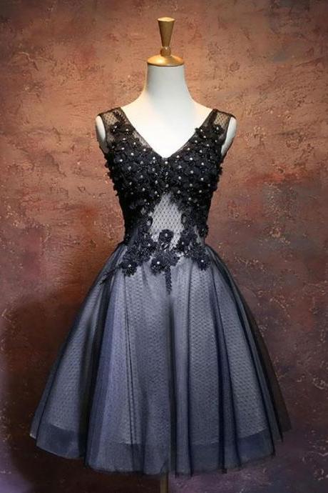 Black V Neck Lace Short Prom Dress,black Evening Dress