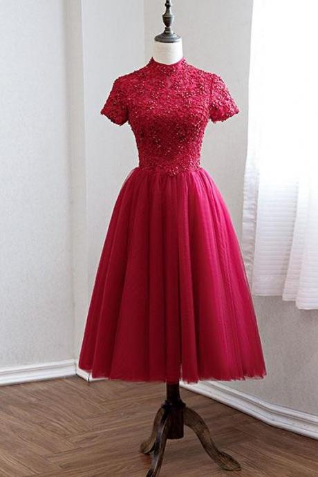 Burgundy lace tulle prom dress,burgundy bridesmaid dress
