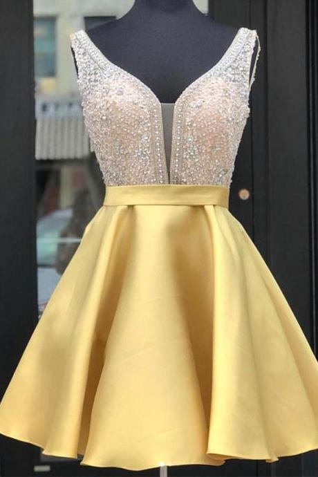 Yellow V Neck Sequin Short Prom Dress, Yellow Homecoming Dress