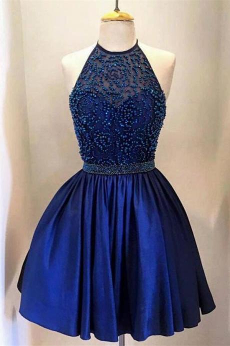 Royal Blue Homecoming Dresses,halter Homecoming Dresses,beading Homecoming Dress