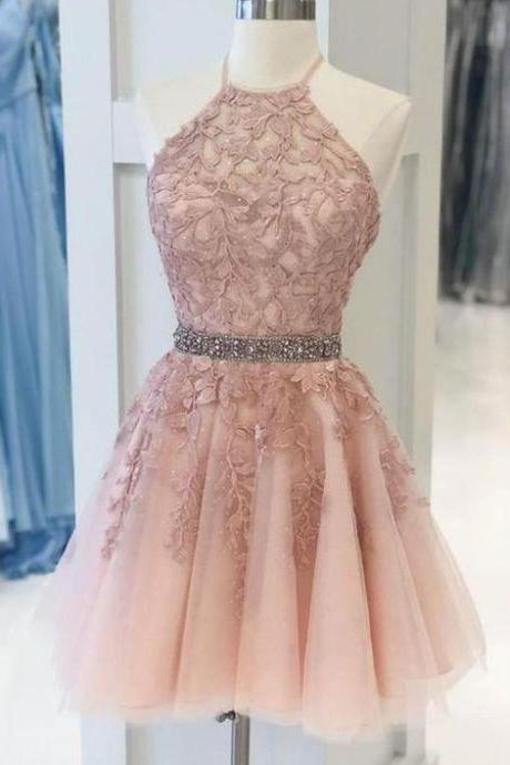 Lace Blush Pink Homecoming Dress,beading Semi Formal Cocktail Dress