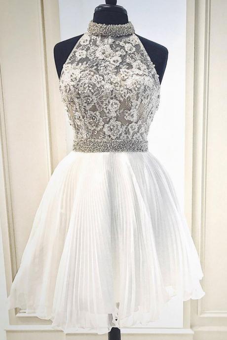 White Cute Lace Short Prom Dress, White Homecoming Dress