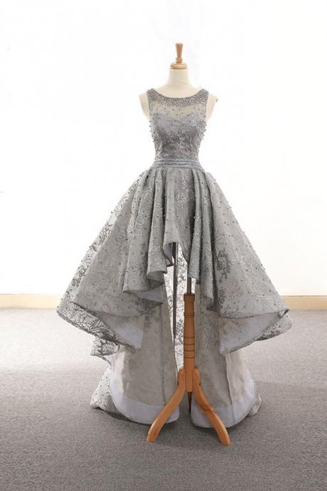 Gray Tulle Lace High Low Prom Dress, Lace Homecoming Dress