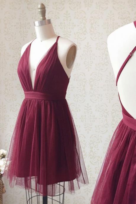 Simple V Neck Tulle Short Prom Dress, Burgundy Homecoming Dress