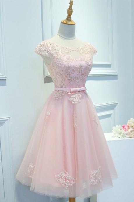 Pink Round Neck Lace Short Prom Dress, Bridesmaid Dress