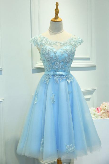 Blue Round Neck Lace Short Prom Dress, Bridesmaid Dress