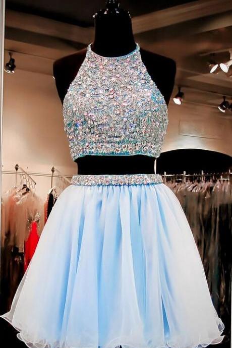 Custom Made Two-piece Crystal Beading Embroidered Tulle Evening Dress, Homecoming Dresses