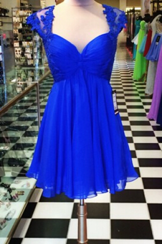 Royal Blue A Line Chiffon Prom Dresses, Lace Keyhole Back Homecoming Cocktail Party Gowns Vestidos