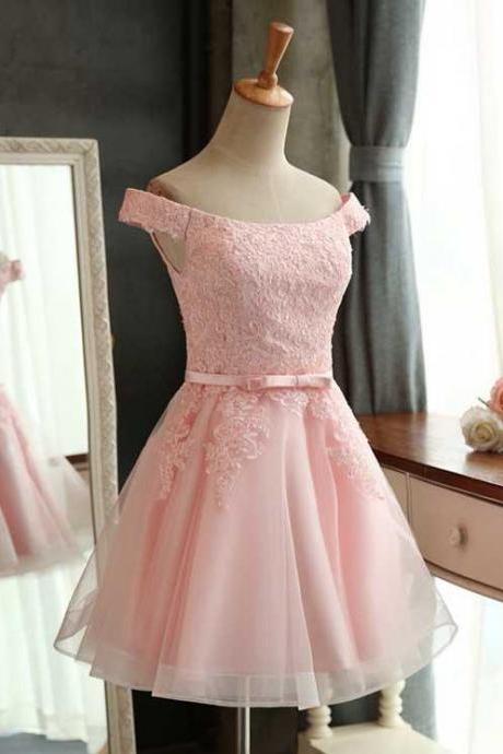 Off Shoulder Pink Lace Applique Bridesmaid Dress,lace Up Back Homecoming Dress With Sash