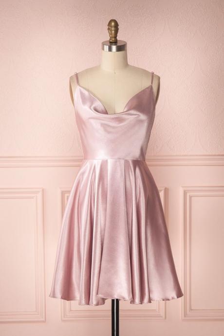 Simple A-line Cowl Neck Open Back Blush Pink Satin Short Homecoming Dresses,back To School Dresses