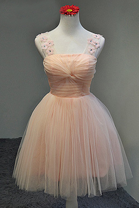Straps pink Cute Homecoming Dress, Tulle Short Prom Dress, Bridesmaid Dresses