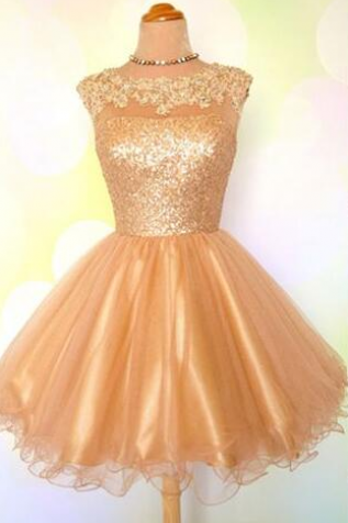 Gold Sequin Prom Dress, Open Back Short Homecoming Dress, Scoop Neck Lace Homecoming Dress