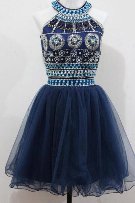 Crystal Beaded Two Piece Homecoming Dresses ,sequined Short Prom Dress,gorgeous O-neck Party Dress