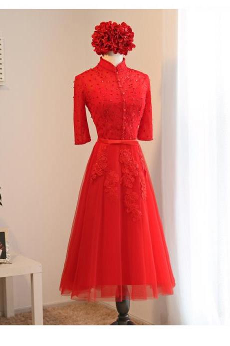 Charming Prom Dress,half Sleeve Homecoming Dress,red Tulle Prom Gown,elegant Graduation Dress For Senior