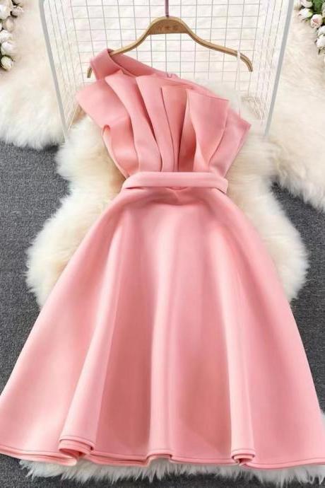 Backless Diagonal Collar Single Shoulder Homecoming Dress, Sleeveless Air Layer Party Dress
