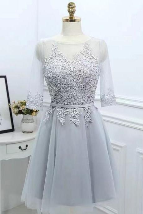 Gray Homecoming Dress, Mid-sleeve Bridesmaid Dress, Lace Party Dress