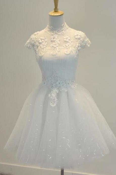 A-line High Neck ,white Lace Applique Prom Dress ,cap Sleeves Short Homecoming Dress