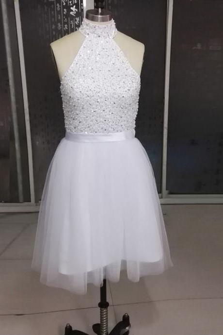 White Homecoming Dresses, Halter Neckline Backless Short Prom Dresses ,mini Dresses,short Formal Dress