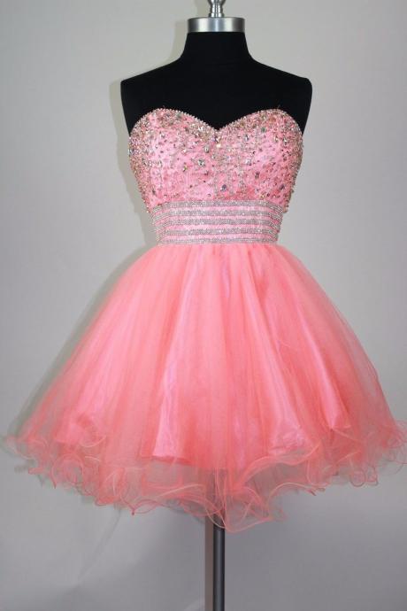 Amazing Pink Homecoming Dresses, Organza Strapless Short Formal Gowns , Graduation Dress, Mini Dresses,short Party Dresses