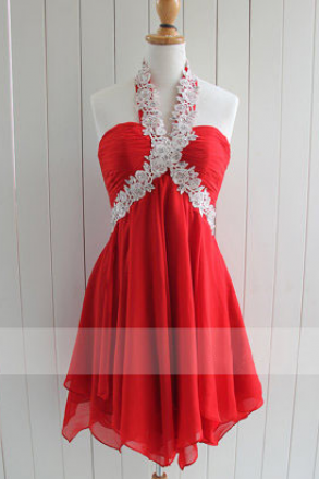 Red Short Prom Dress, Halter Prom Dress, Knee-length Prom Dress