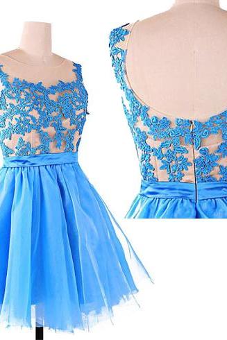 Blue Lace Prom Dress, Short Prom Dress, Simple Prom Dress