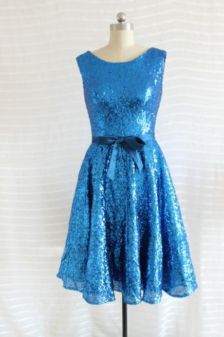 Sequin Knee-length Bridesmaid Dress, Blue Bridesmaid Dress, Shining Bridesmaid Dress