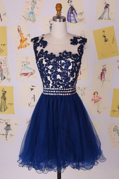 Short Prom Dresses, Blue Lace Party Gown,pretty Chiffon Prom Dress