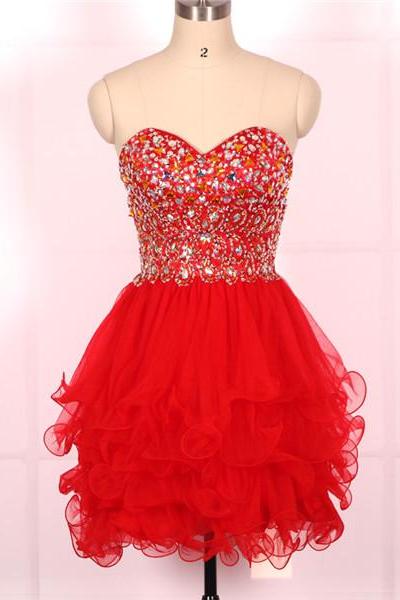Ball Gown, Sweetheart Beaded Tulle Red Short Prom Dresses Gowns, Formal Evening Dresses Gowns, Homecoming Graduation Cocktail Party Dresses