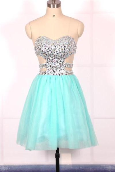 Ball Gown, Sweetheart Beaded Short Blue Prom Dresses Gowns, Formal Evening Dresses Gowns, Homecoming Graduation Cocktail Party Dresses