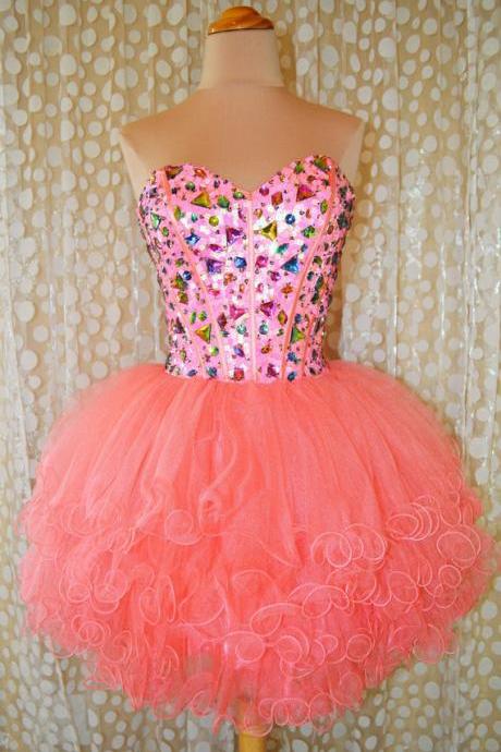Sweetheart Beaded Sleeves Ball Gown,tulle Coral Pink Short Prom Dresses Gowns, Formal Evening Dresses Gowns, Homecoming Graduation Cocktail Party