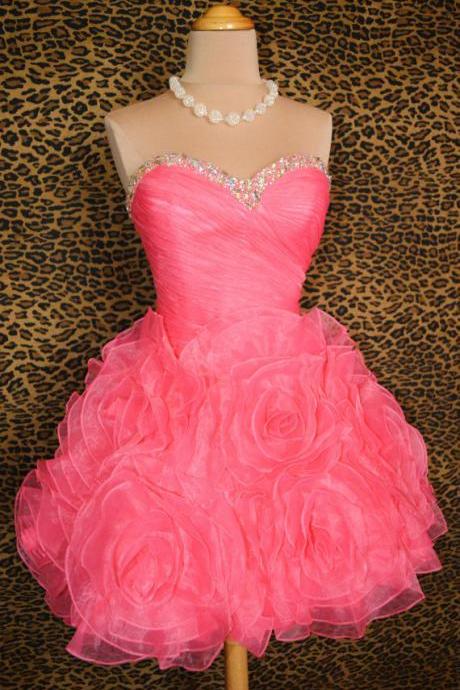 Watermelon Pink Sweetheart Ball Gown,organza Short Prom Dresses Gowns, Formal Evening Dresses Gowns, Homecoming Graduation Cocktail Party Dresses