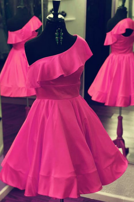 One Shoulder Ruffle Fuchsia Satin Short Homecoming Dress, A Line Prom Party Gowns ,short Bridesmaid Dress