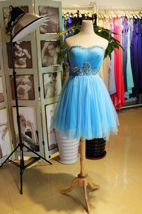 Off Shoulder Blue Tulle Beaded Short Homecoming Dress, Mini Cocktail Party Gowns ,wedding Party Gowns