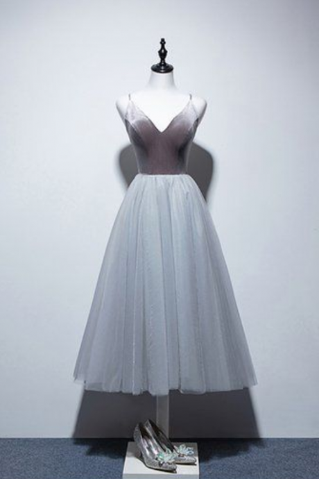 Silver Tulle Tea Length Prom Dress, Short Homecoming Party Gowns ,party Gowns