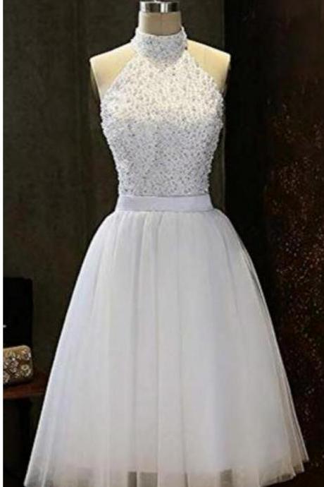 Sexy White Tulle Beaded Short Homecoming Dress, A Line Strapless Cocktail Party Gowns , Short Party Dress