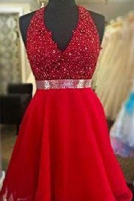 A-line Halter V-neck Red Chiffon Backless Homecoming Dresses