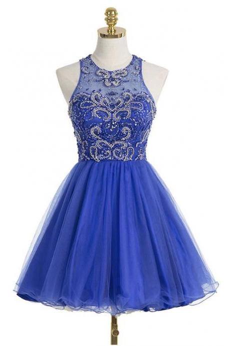 Shining Sleeveless Beaded Halter Royal Blue Homecoming Dresses,short Prom Dresses