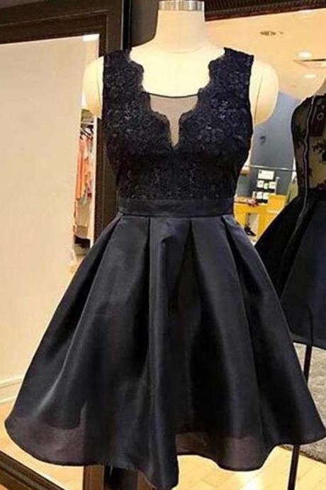 Black Organza Short Homecoming Dress, A Line Sleeveless Sweet Dress With Lace, Short Graduation Dress With Lace