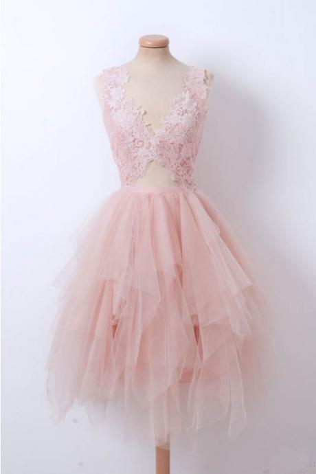 Sexy V Neck Tulle Homecoming Dress With Lace, A Line Asymmetrical Sleeveless Graduation Dress, Lace Sweet Dresses