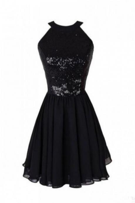 Black Jewel Chiffon Homecoming Dress With Sequins, A Line Sleeveless Sequined Short Prom Dress