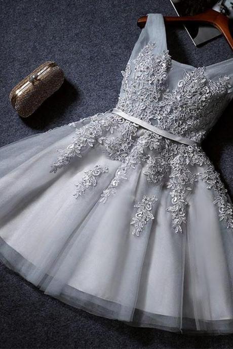 Silver Gray V Neck Cute Homecoming Dress With Appliques, Mini Appliqued Prom Gown, Sweet Dress, A Line Tulle Graduation Dress
