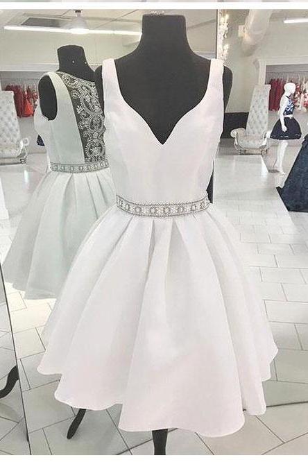 White V Neck Sleeveless Homecoming Dress With Beading Waist, Short Satin Prom Dress With Beads