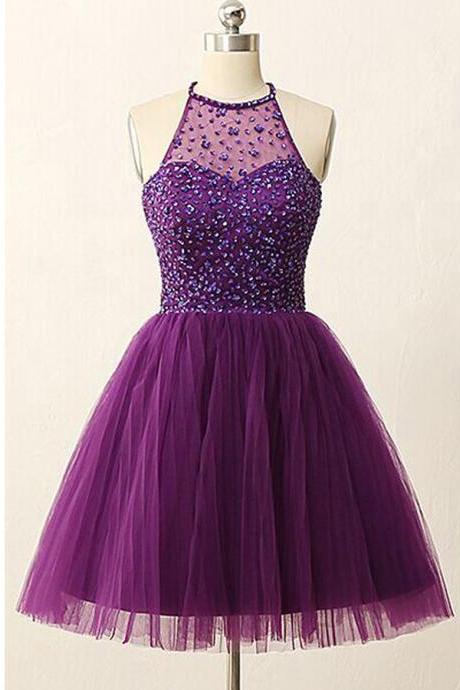 High Quality Homecoming Dress,Chic Jewel Sleeveless Homecoming Dresses,Open Back Illusion Back Purple Homecoming Dress with Sequins Crystal,Tulle Short Prom Dress,Purple Graduation Dress