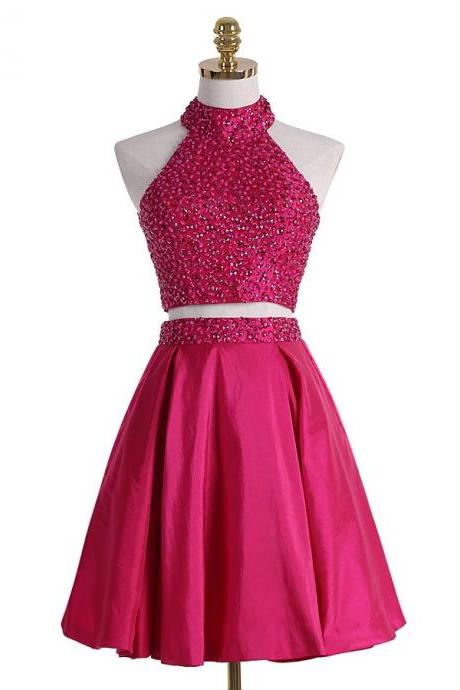 Pink Two Piece Short Homecoming Dress With Beaded Bodice